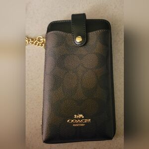 Coach Brown and Black Signature Crossbody Phone Wallet with Gold Hardware